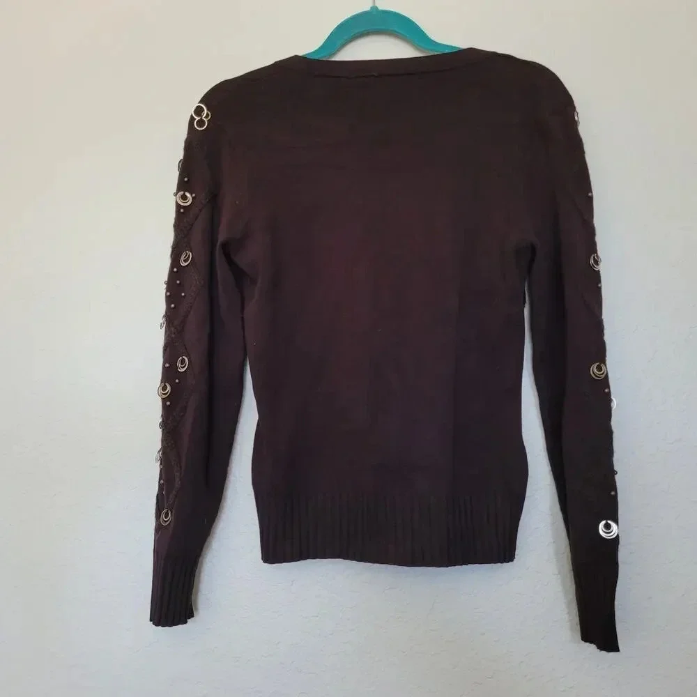 Yuka Womens Embellished Sweater Top Size Small Brown Bronze V-Neck Rayon Blend